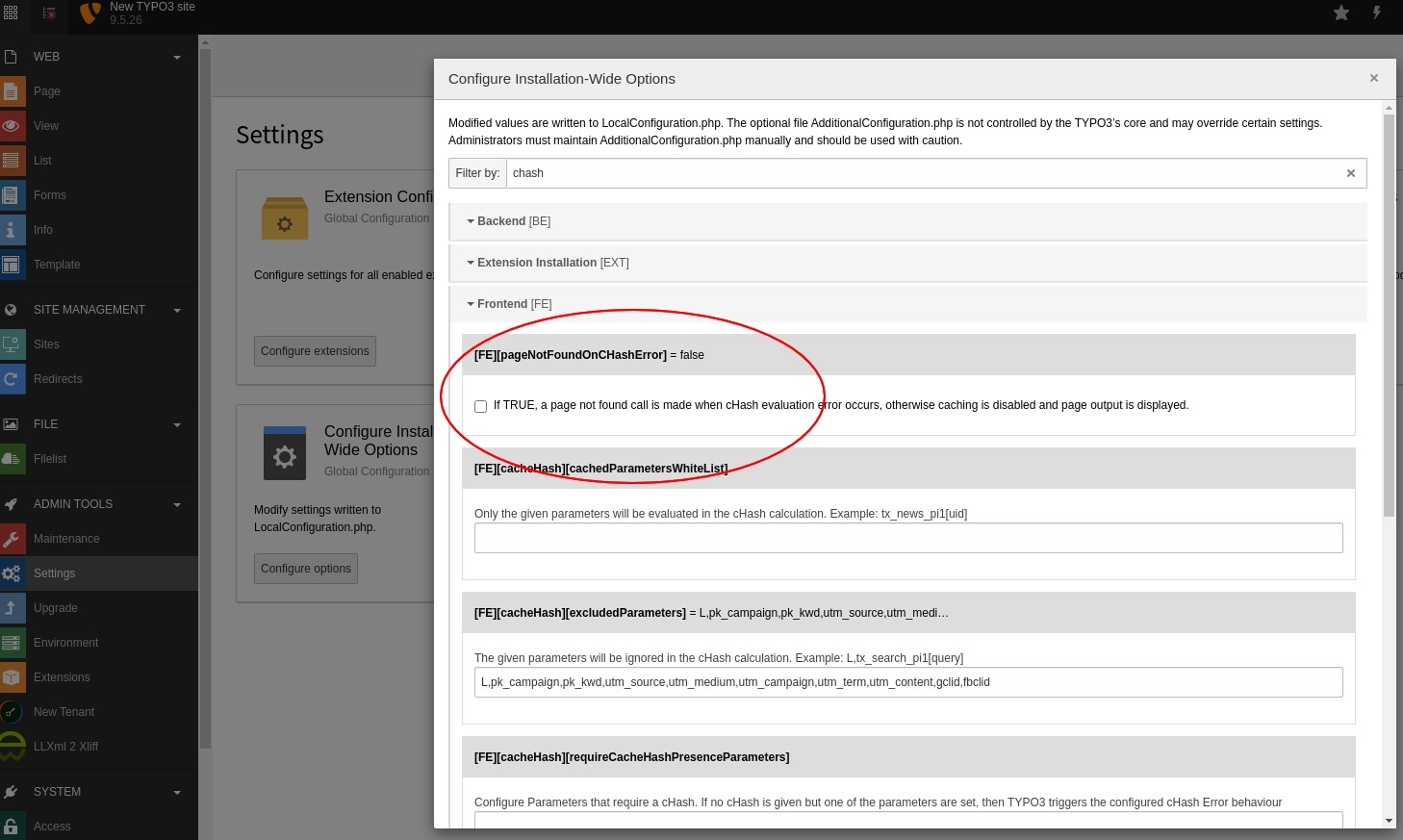 TYPO3 Configuration of pageNotFoundOnCHashError in Install Tool