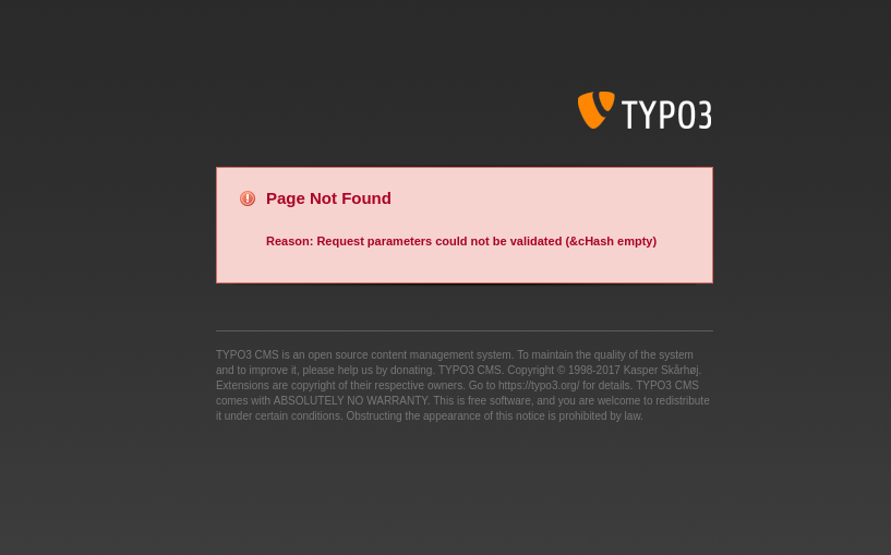 TYPO3 Error-Message "Reason: Request parameters could not be validated (&cHash empty)"